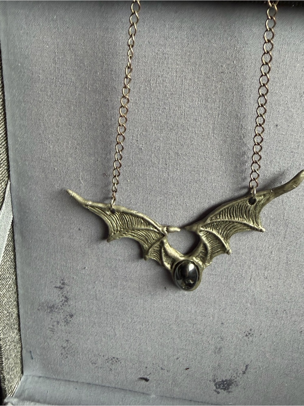 Gothic Bat Wing Necklace with Black Stone Pendant